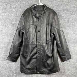 VTG Real Leather Brand Mens Large Black Full Zip Button Up Lined Trench Coat Y2K
